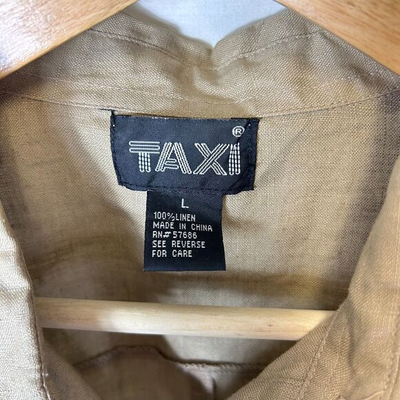 Vintage 90s Taxi Deep Tan Linen Roll Tab Sleeve Shaped Button Up Shirt Size L - Picture 5 of 13